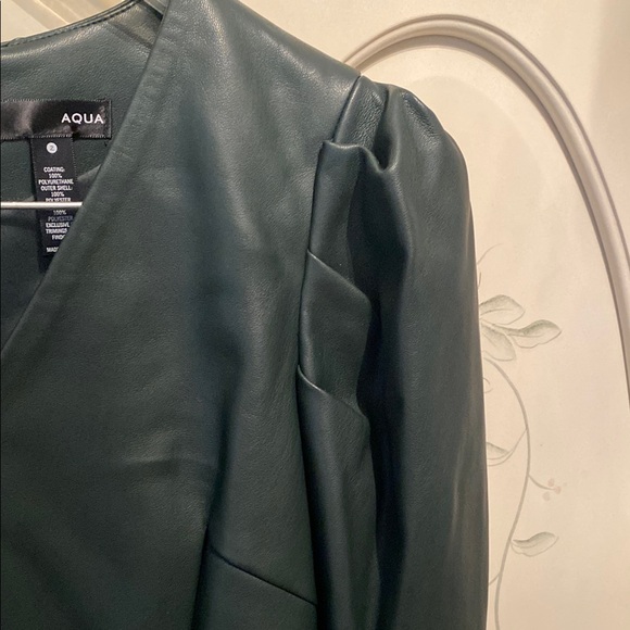 Aqua dark green vegan leather Sheath Dress with Puff Sleeves and V-Neck - Picture 3 of 4